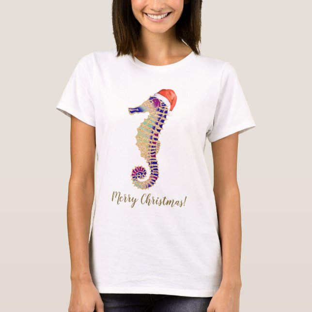T-shirt Parties scintillant d'or Seahorse Père Noël Joyeux (Devant)
