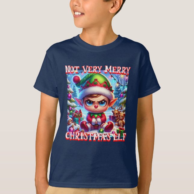 T-shirt Pas très joyeux elf de Noël (Devant)