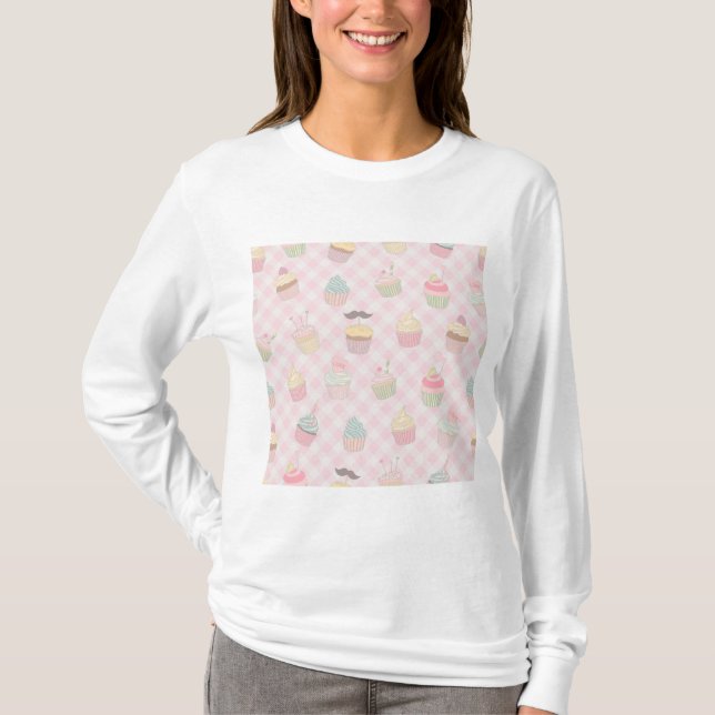 T-shirt Pastel Pink Gingham Cute Cupcakes Pattern (Devant)