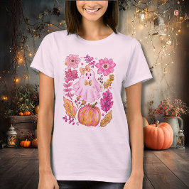 T-shirt Pastel Pink Halloween Ghost with Flowers and Pumpk