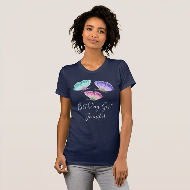 T-shirt Pastel Watercolor Butterflies Birthday Girl (Devant entier)