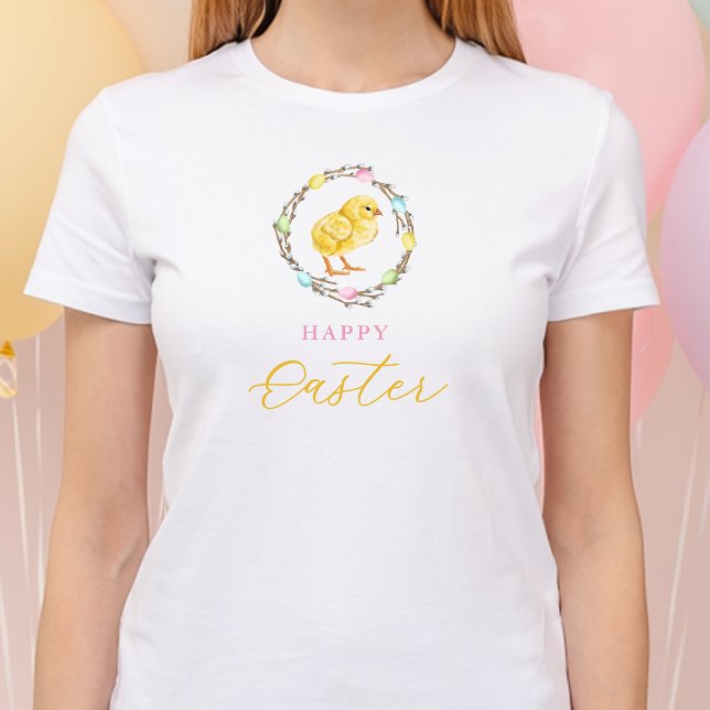 T-shirt Pastel Willow Wreath And Yellow Chick Happy Easter (Disclaimer: This image is a digital mockup.)