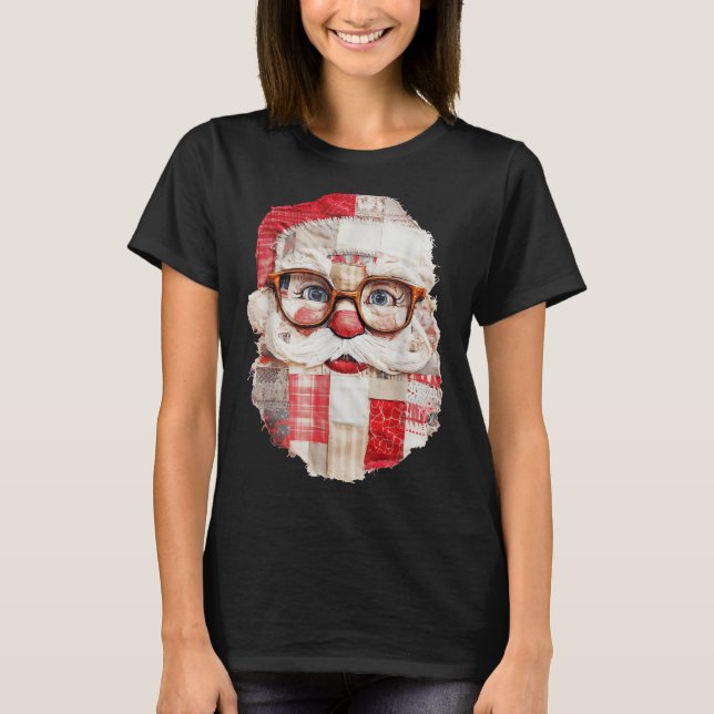 T-shirt Patchwork Santa Claus Face Preppy Girly Christmas  (Devant)