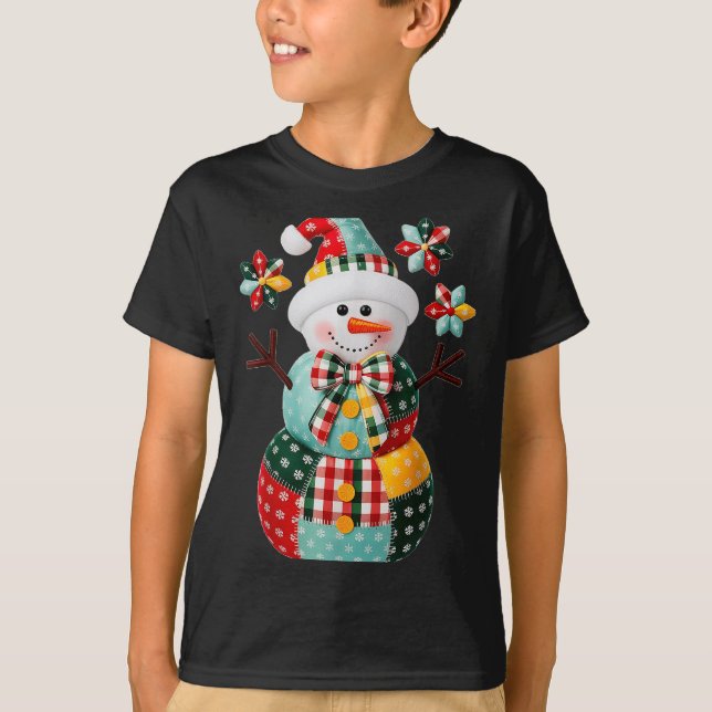 T-shirt Patchwork Snowman Christmas Preppy Cute Xmas Men W (Devant)