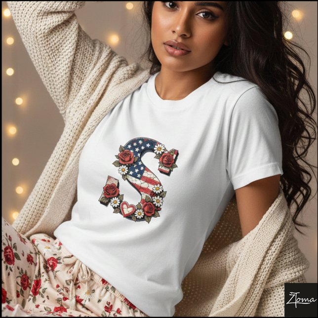 T-shirt Patriotic Floral Letter S Wreath Design (Sample design. Several style are available to choose from, with the option to add a name & color.)