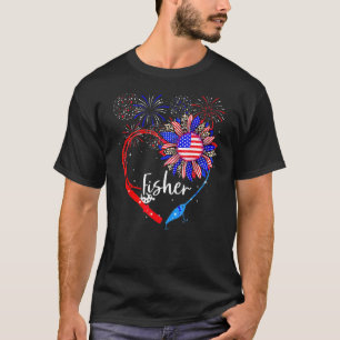 T-shirt Patriotique Fisher 4 juillet Drapeau Américain Sun