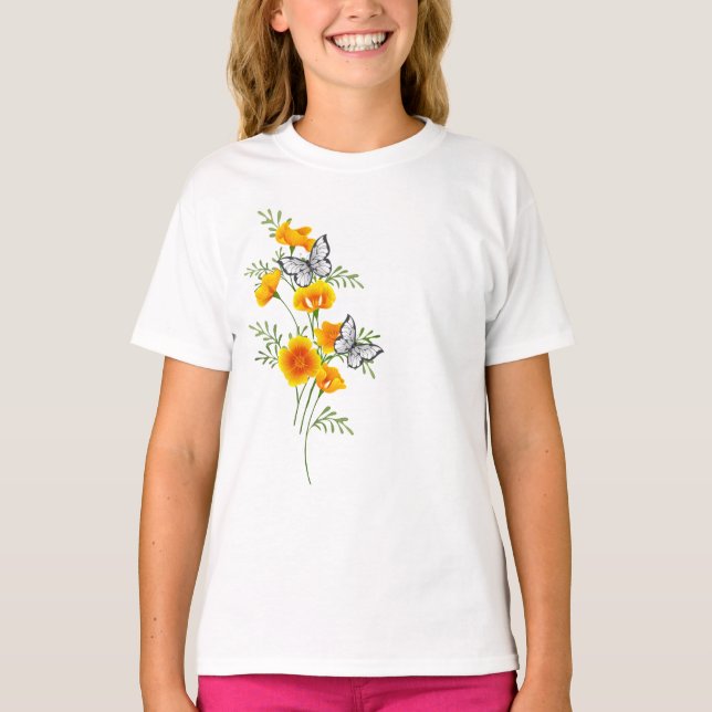 T-shirt Pavot de Californie aux papillons Floral (Devant)
