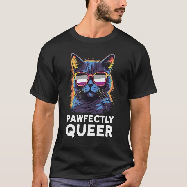T-shirt Pawfectly Queer  Cat With Sunglasses Asexual Pride (Devant)