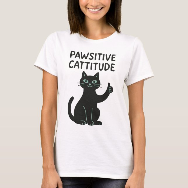 T-shirt Pawsitive Cattitude - Drôle Cartoon de chat Noir (Devant)