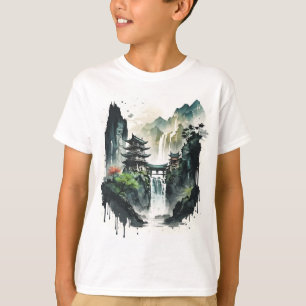T-shirt Paysage antique de l'encre chinoise avec cascade