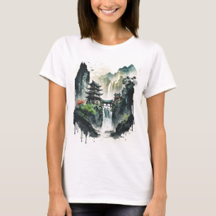 T-shirt Paysage antique de l'encre chinoise avec cascade