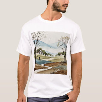 T-shirt paysage de collines avec de petites maisons