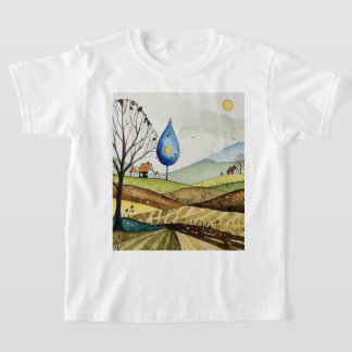 T-shirt paysage de collines avec de petites maisons