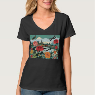 T-shirt Paysage urbain en patchwork avec roses et libellul