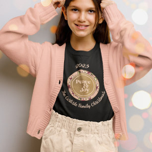 T-Shirt Peace & Joy Pink Gold Nom de famille Noël
