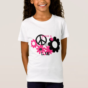 T-Shirt Peace Love and Flowers rose et noir chaud