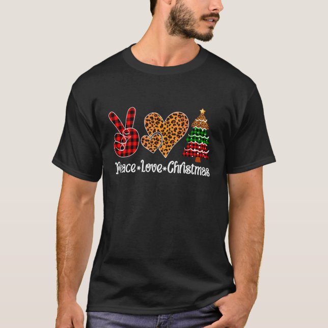 T-shirt Peace Love Christmas Tree Plaid Empreinte de léopa (Devant)