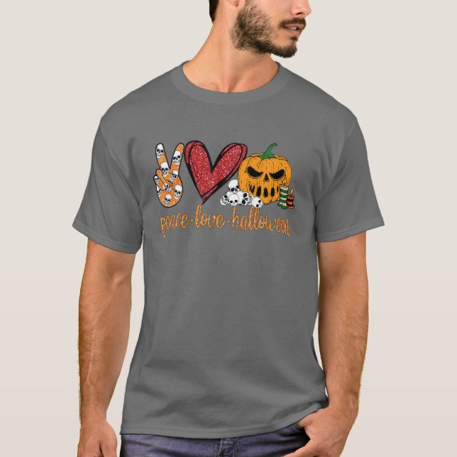T-shirt Peace Love Citrouille d'Halloween (Devant)