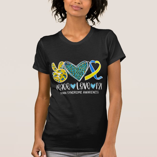 T-shirt Peace Love Cure Bleu & Jaune Ribbon Down Syndrome (Devant)