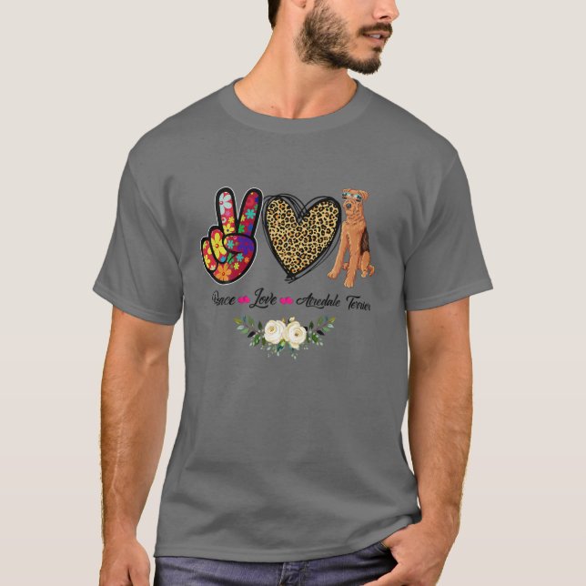 T-shirt Peace Love Floral Airedale Terrier Maman Chien Mam (Devant)