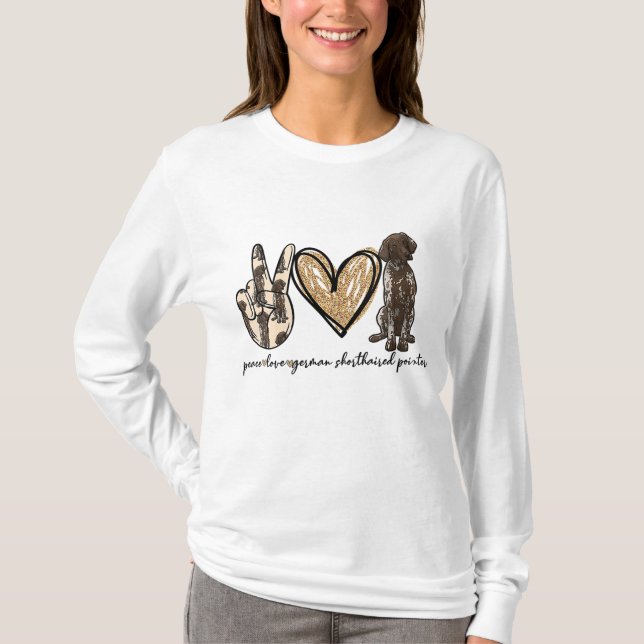 T-shirt Peace Love GSP Allemand Pointer Pointer Log (Devant)