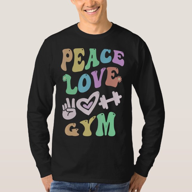 T-shirt PEACE LOVE GYM Retro PE Enseignant école Super (Devant)