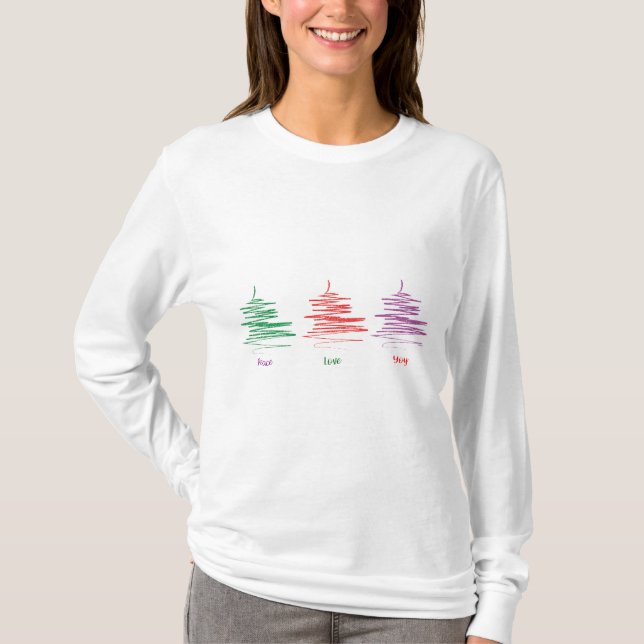 T-shirt Peace Love Joy Holidays Tree Manche longue femme (Devant)