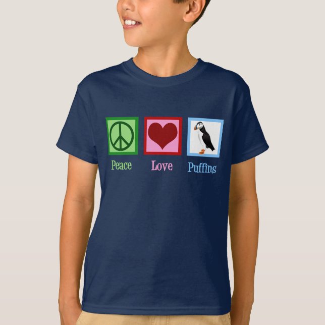 T-shirt Peace Love Puffins Cute Kids (Devant)