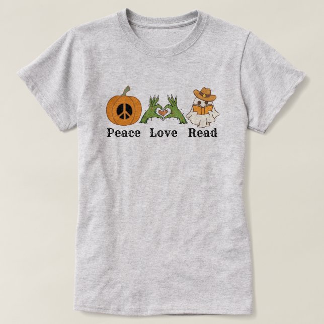 T-shirt Peace Love Read Halloween Western (Design devant)