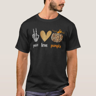 T-shirt Peace Love Squelette Automne Citrouille Leopard Fu
