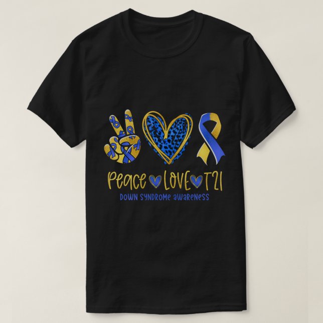 T-shirt Peace Love T21 Blue Yellow Ribbon Down Syndrome Aw (Design devant)