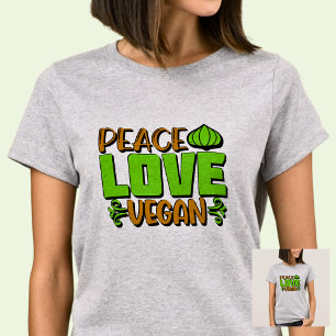 T-shirt Peace Love Vegan Green Brown sur