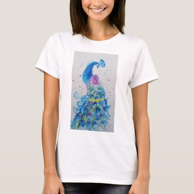 T-shirt Peacock bleu aquarelle peinture art T Chemise (Devant)