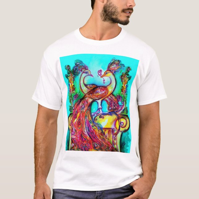 T-shirt PEACOCKS IN LOVE MONOGRAM rouge bleu turquase vert (Devant)
