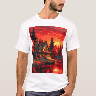 T-shirt Peinture coucher de soleil avec chalet et lac-6663