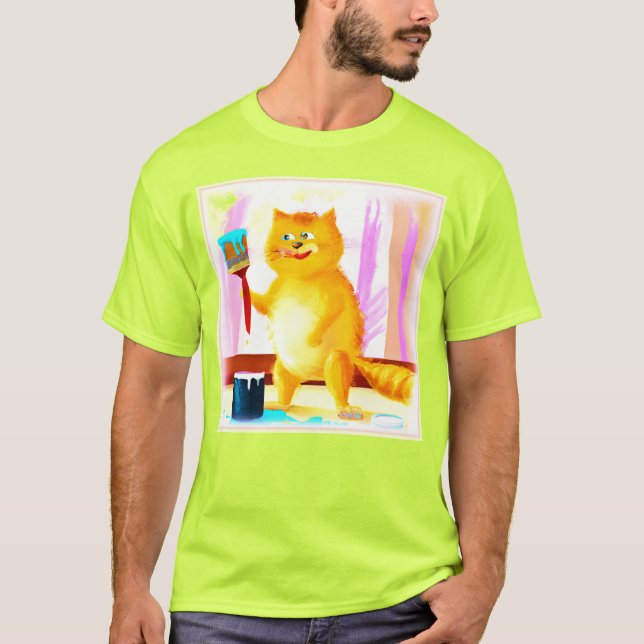 T-shirt Peinture Mignonne D'Un Chat Tenant Une Brosse. Com (Devant)