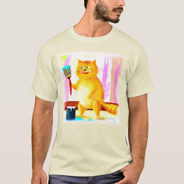 T-shirt Peinture Mignonne D'Un Chat Tenant Une Brosse. Com (Devant)