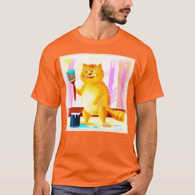T-shirt Peinture Mignonne D'Un Chat Tenant Une Brosse. Com (Devant)