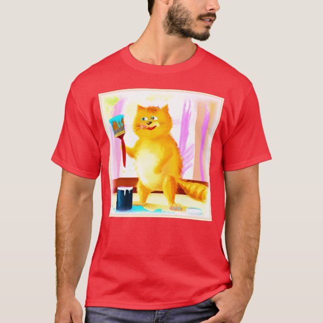 T-shirt Peinture Mignonne D'Un Chat Tenant Une Brosse. Com (Devant)