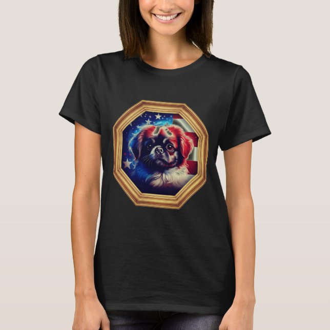 T-shirt pekingese Dog American Flag Gold Frame (Devant)