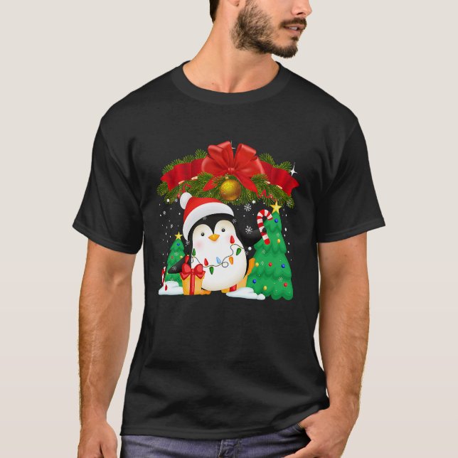 T-shirt Penguin Christmas Ornament Tree Lights Cute Pengui (Devant)