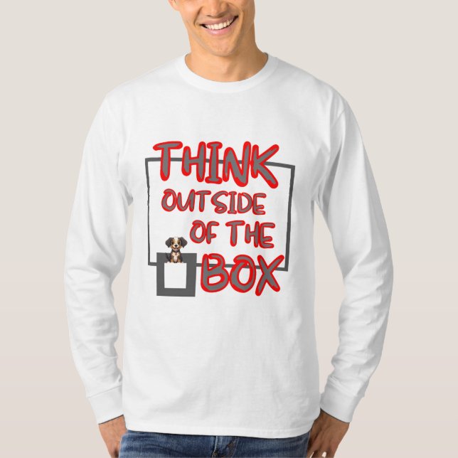 T-shirt "Pensez à l'extérieur de la boîte" avec chiot. (Devant)