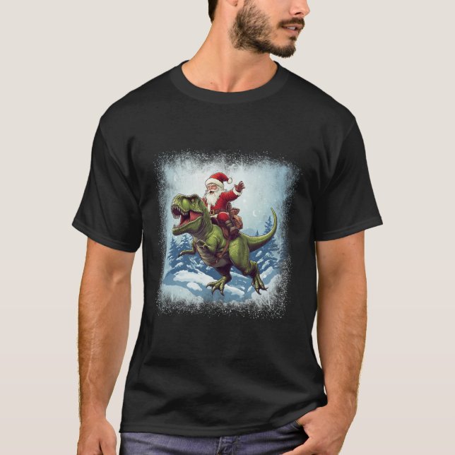 T-shirt Père Noël À cheval Un Dinosaure T-rex Drôle Noël (Devant)