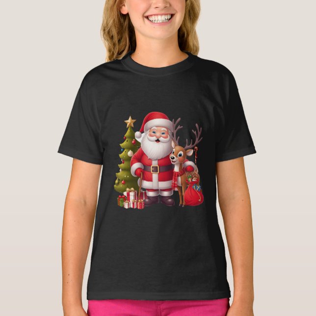 T-shirt Père Noël avec rennes et arbre festif - Coeur (Devant)