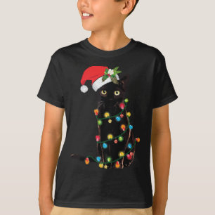 T-shirt Père Noël Chat Noir Tangé Dans La Lumière De L'Arb
