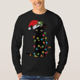 T-shirt Père Noël Chat Noir Tangé Dans La Lumière De L'Arb