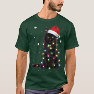 T-shirt Père Noël Chat Noir Tangé Dans La Lumière De L'Arb