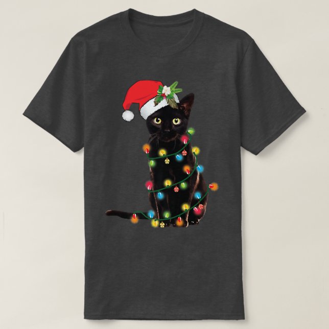 T-shirt Père Noël Chat Noir Tangé Dans La Lumière De L'Arb (Design devant)