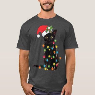 T-shirt Père Noël Chat Noir Tangé Dans La Lumière De L'Arb