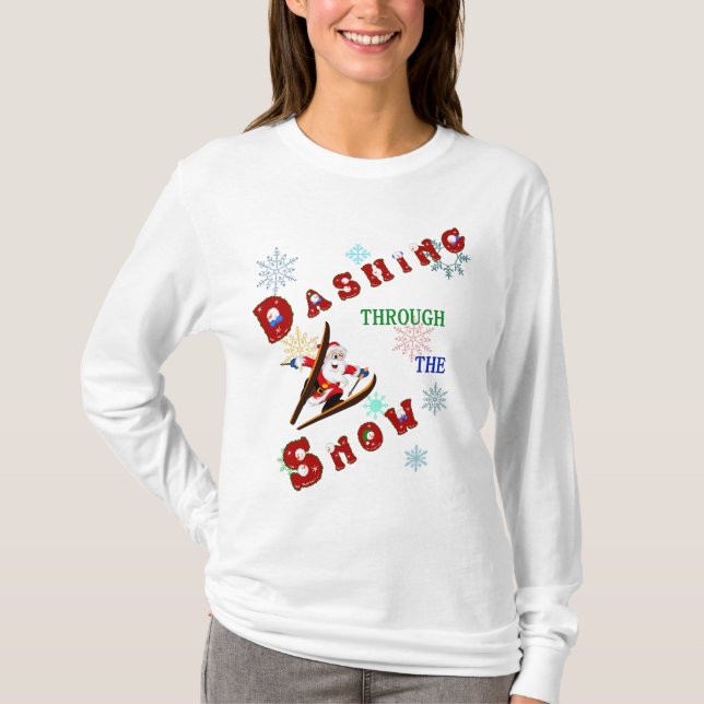 T-shirt Père Noël Dashing through the Snow on Ski's (Devant)